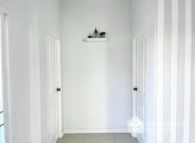 Minimalist hallway with white doors and decorative shelf