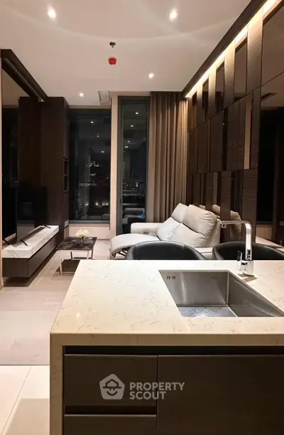 Luxurious modern living room with sleek design and city view