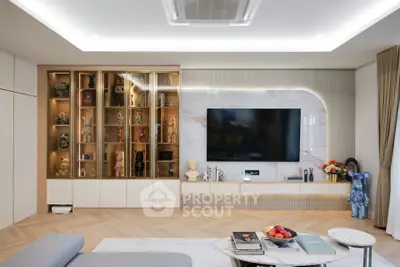 Luxurious modern living room with stylish decor and built-in shelving