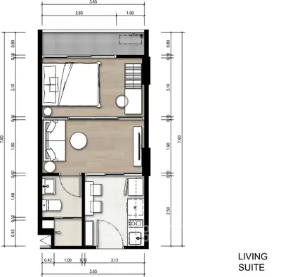 Modern apartment floor plan with two bedrooms, kitchen, and living area, ideal for urban living.
