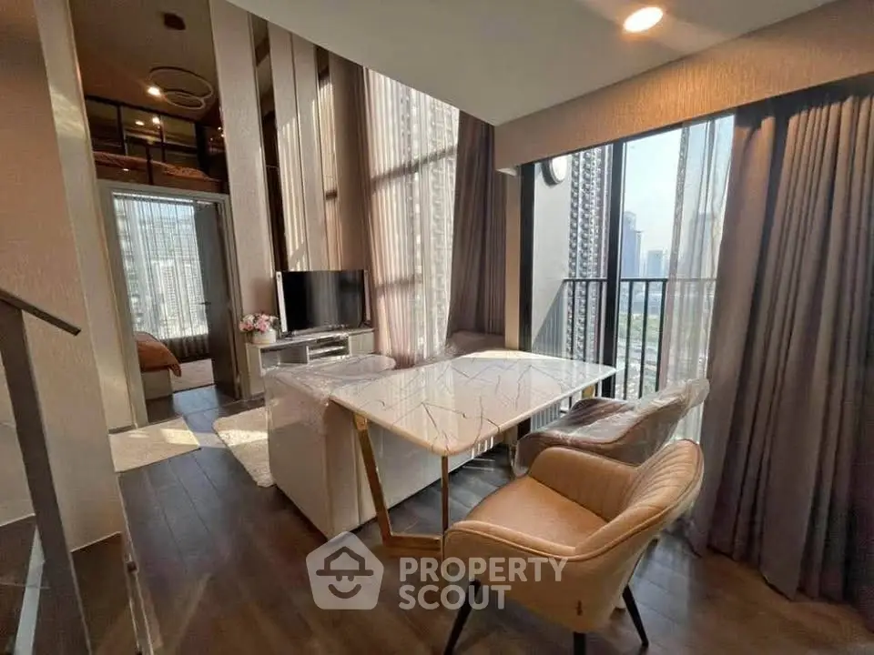 Luxurious modern living room with floor-to-ceiling windows and city view