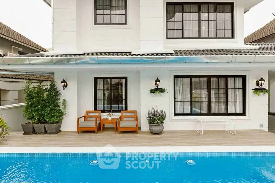 Luxurious home exterior with private pool and stylish patio furniture, perfect for relaxation and entertainment.