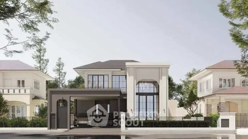 Elegant modern house exterior with large windows and stylish facade in a serene neighborhood.