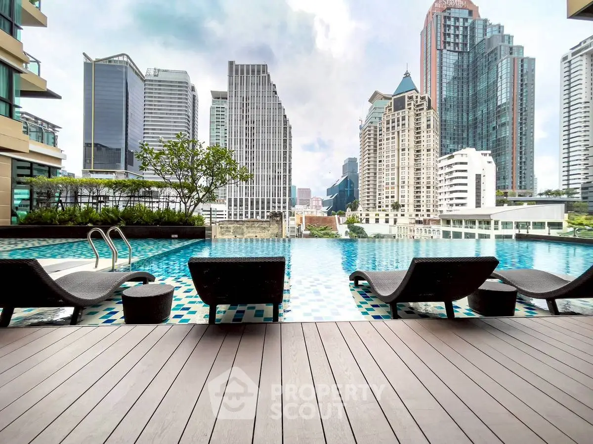 Luxurious rooftop pool with stunning city skyline views in modern urban setting.