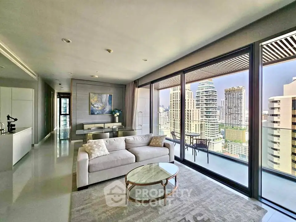 Luxurious living room with stunning city view and spacious balcony in modern high-rise apartment.