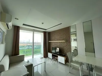 Modern living room with stunning city view and elegant decor