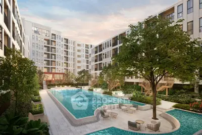 Luxurious modern apartment complex with stunning pool and lush garden landscaping