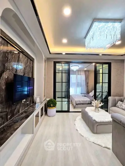 Luxurious living room with modern decor and elegant lighting