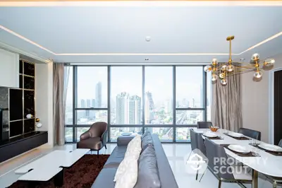 Luxurious high-rise apartment with panoramic city views, featuring a spacious living area with modern furniture, elegant lighting, and floor-to-ceiling windows.