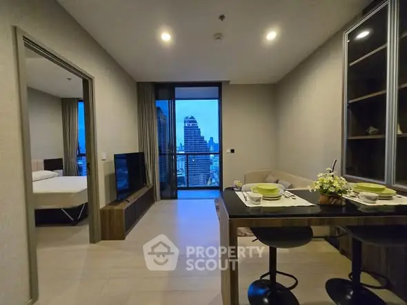 Modern apartment living room with city view and stylish dining area