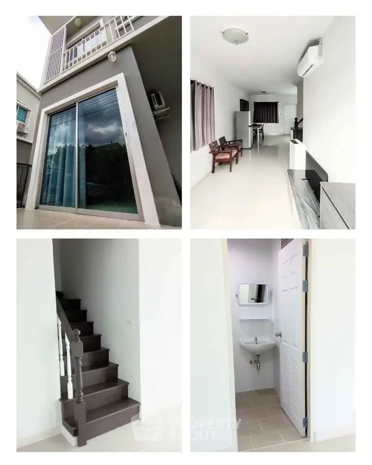 Modern townhouse with sleek interior, featuring spacious living area, stylish staircase, and cozy bathroom.
