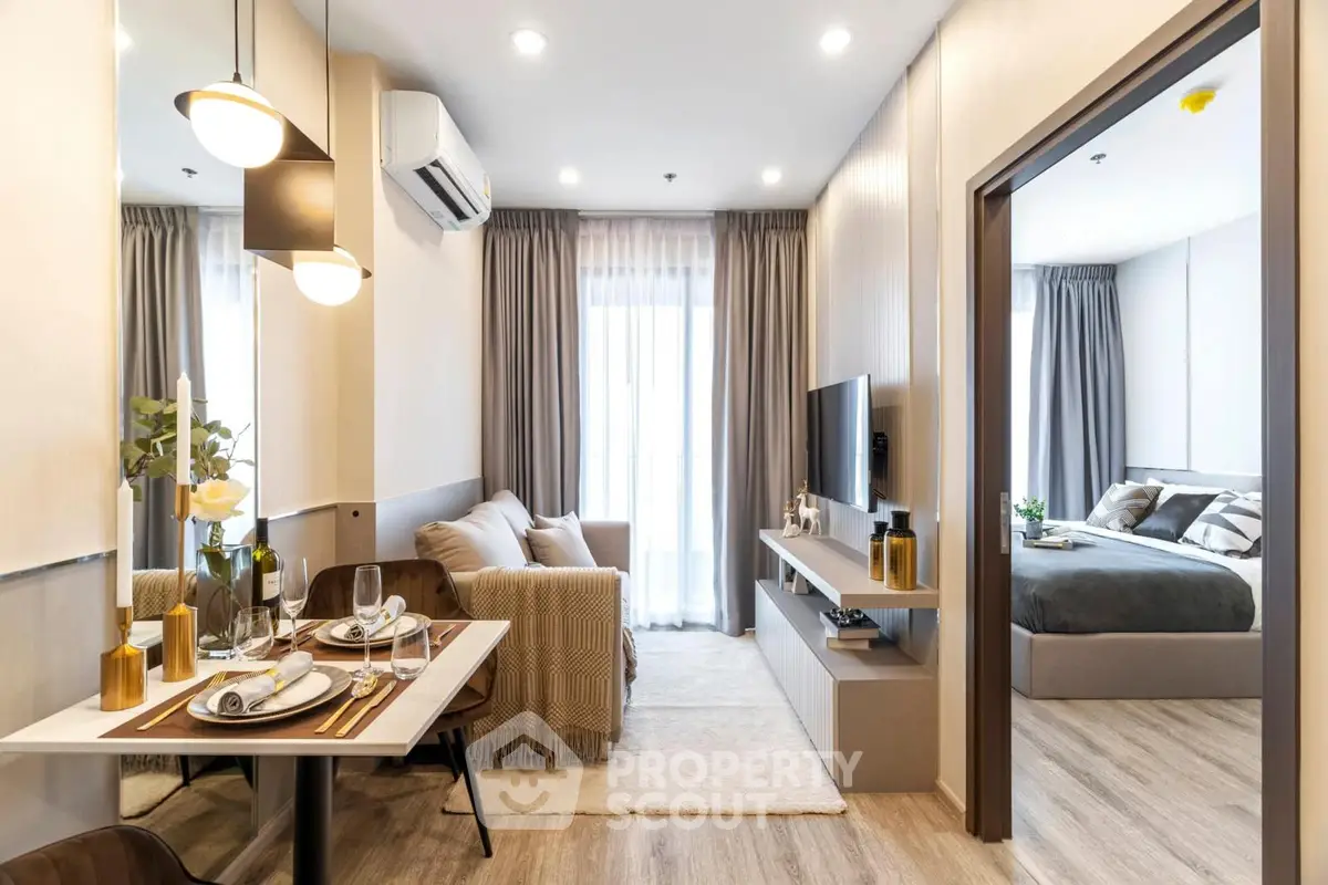 Modern apartment interior with cozy living room and elegant dining area, featuring stylish decor and natural light.