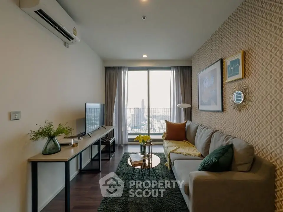 Modern living room with city view, stylish decor, and natural light.