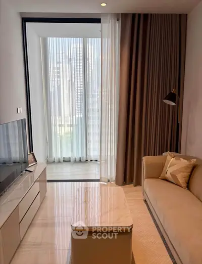 Modern living room with elegant decor, featuring a cozy sofa, sleek TV unit, and floor-to-ceiling windows with city view.