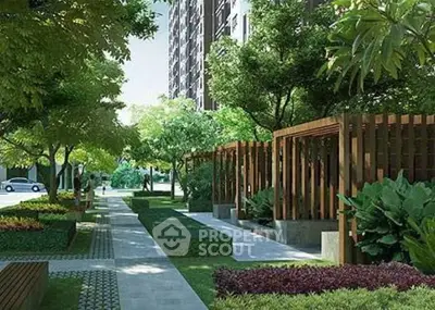 Lush green garden pathway in modern residential complex