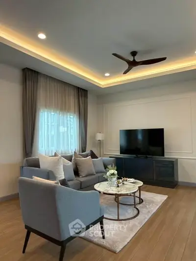 Elegant living room with modern decor, cozy seating, and ambient lighting
