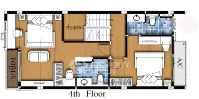 4th floor schematic plan with bedrooms, bathrooms, and study area.