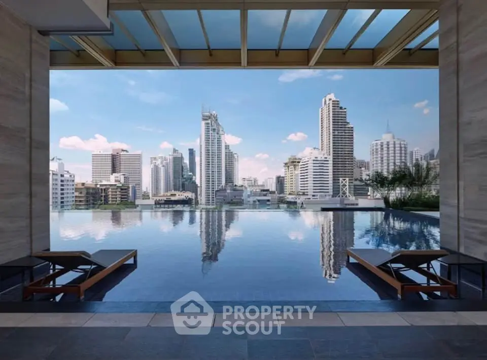 Luxurious rooftop infinity pool with stunning city skyline view, perfect for urban living enthusiasts.