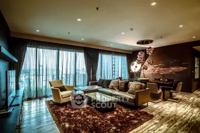 Luxurious modern living room with city view and elegant decor