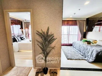Modern bedroom with cozy decor and large windows offering city views.