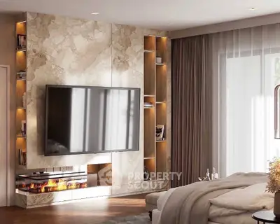 Luxurious living room with marble TV wall and modern fireplace