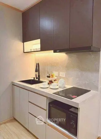 Modern kitchen with sleek cabinets, induction cooktop, and built-in microwave in a compact layout.