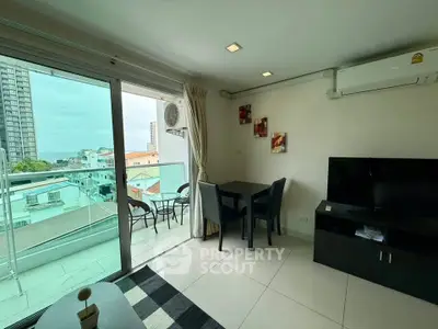Modern living room with balcony view in urban apartment