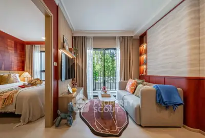 Stylish living room with modern decor and balcony view, perfect for urban living.