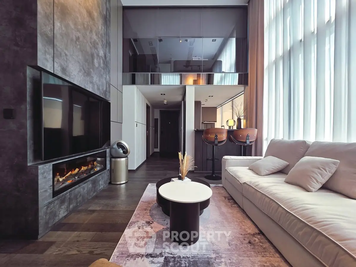 Luxurious modern living room with high ceilings and elegant decor