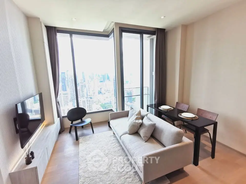 Modern living room with panoramic city view and elegant decor