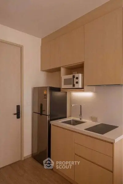Modern compact kitchen with sleek cabinetry and stainless steel appliances in a cozy apartment.