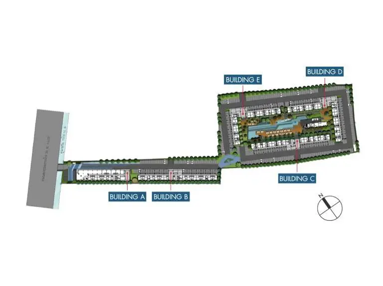 Schematic plan of a residential complex with multiple buildings and amenities.