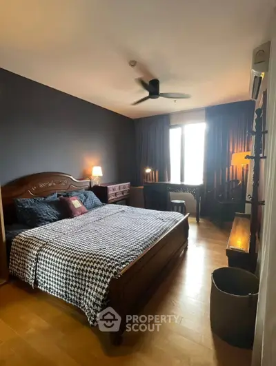 Elegant bedroom with wooden furniture and cozy lighting