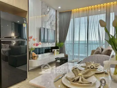 Luxurious modern living room with elegant decor and large balcony view