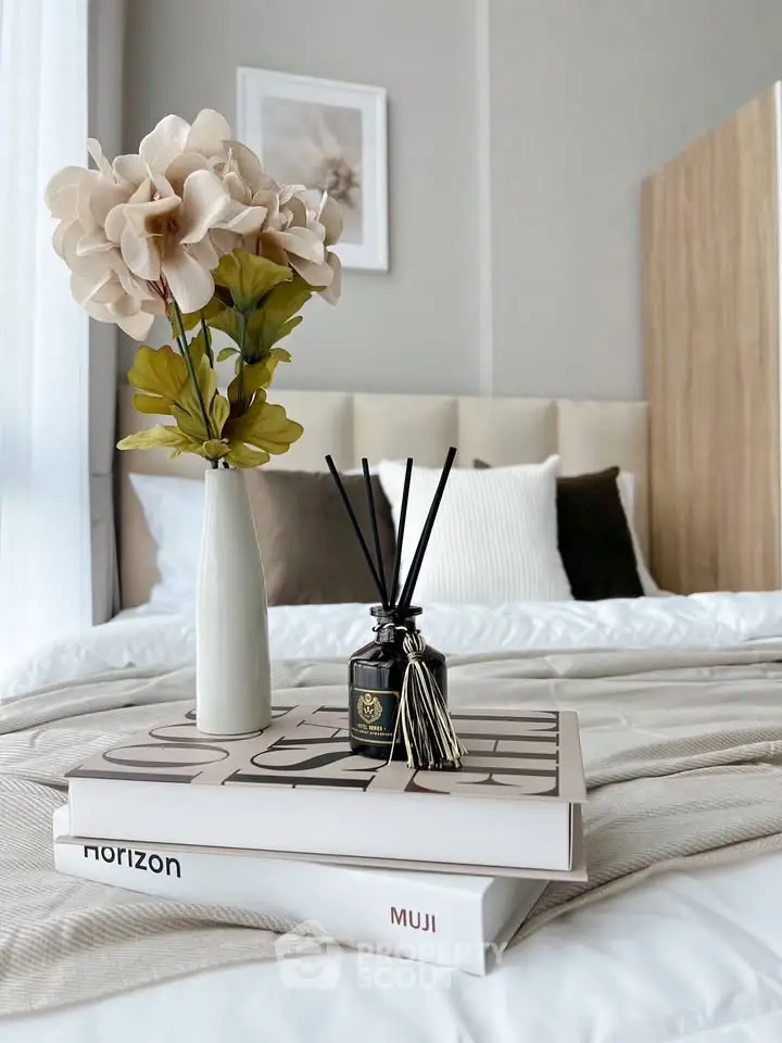 Stylish bedroom with elegant decor and cozy bedding, perfect for relaxation and comfort.