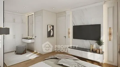 Luxurious bedroom with modern decor and built-in TV unit