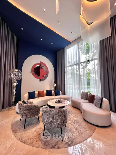 Luxurious modern living room with high ceilings and elegant decor