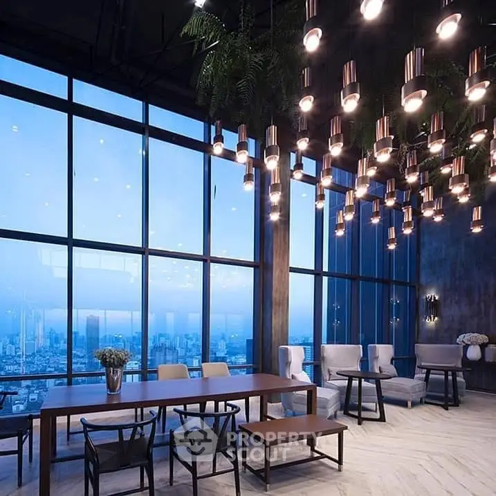 Luxurious high-rise building interior with stunning city view and modern lighting