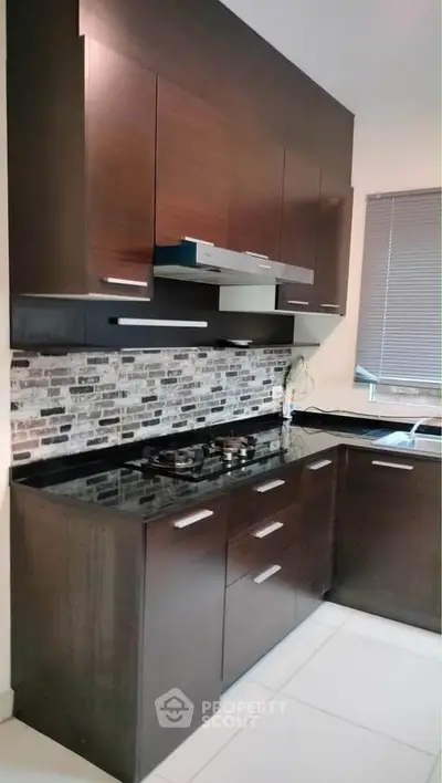 Modern kitchen with sleek dark wood cabinets and stylish backsplash