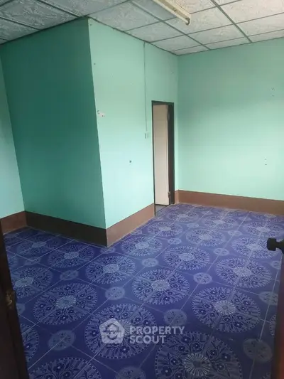 Spacious room with vibrant blue patterned flooring and mint green walls, ideal for customization.