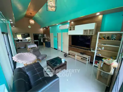 Spacious modern living room with high ceiling and stylish decor