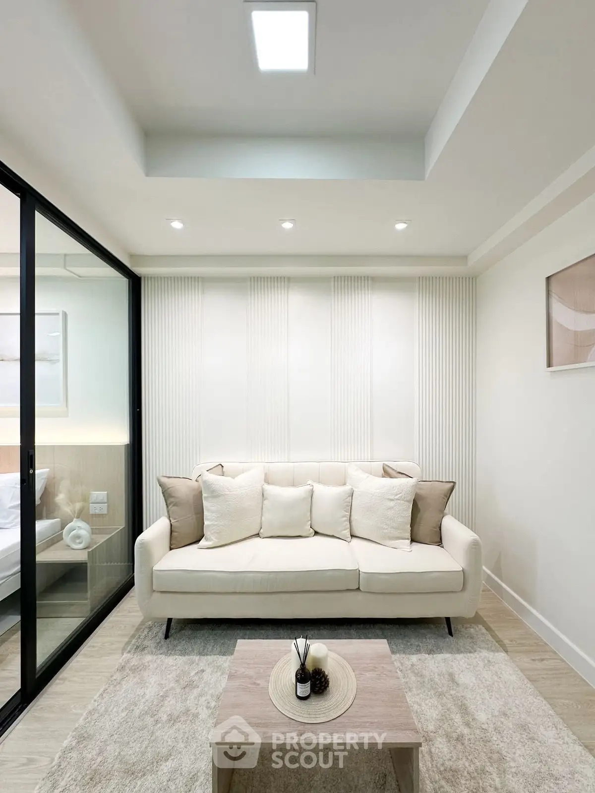 Modern living room with elegant decor and cozy seating area