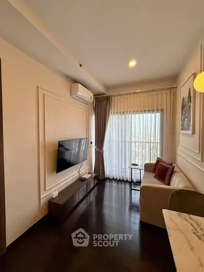 Modern living room with sleek TV setup and elegant decor