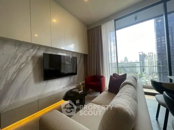 Luxurious modern living room with city view and elegant furnishings