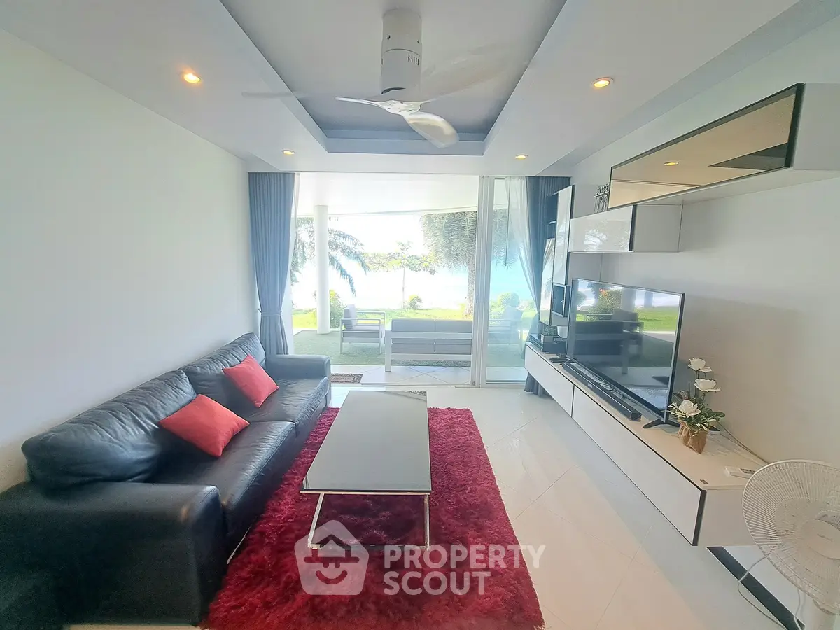 Luxurious living room with modern decor and stunning garden view