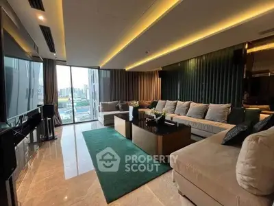 Luxurious modern living room with panoramic city view and elegant decor