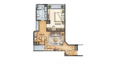 Modern apartment floor plan with bedroom, living area, and pantry, showcasing efficient layout.