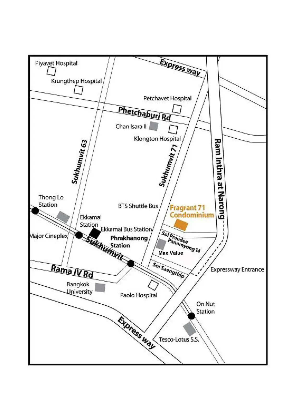 Map showing location of Fragrant 71 Condominium near major Bangkok landmarks and expressways.