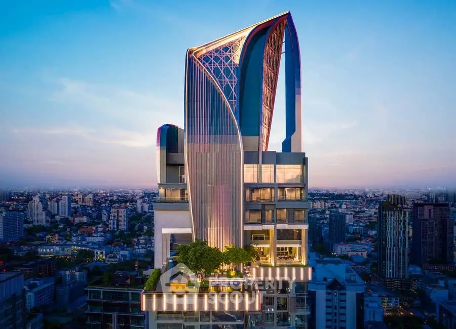 Stunning modern skyscraper with unique architectural design and panoramic city views.