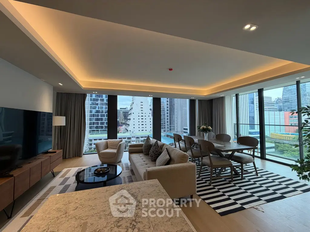 Luxurious modern living room with panoramic city views and elegant decor